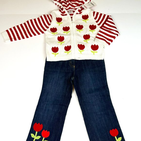 NWT Gymboree Girl Tulip Denim Pant & Tulip Stripe Cardigan 2 Piece Set Size 3 - Picture 1 of 8